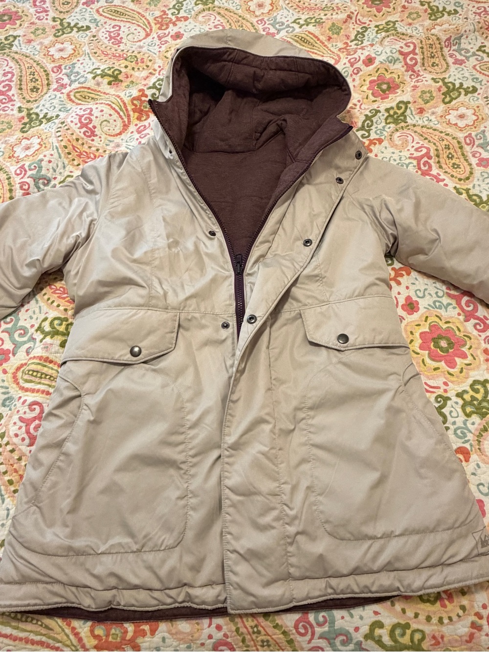 REI Women’s Hooded Puffer Coat in Beige with Burgundy Lining. Reversible!